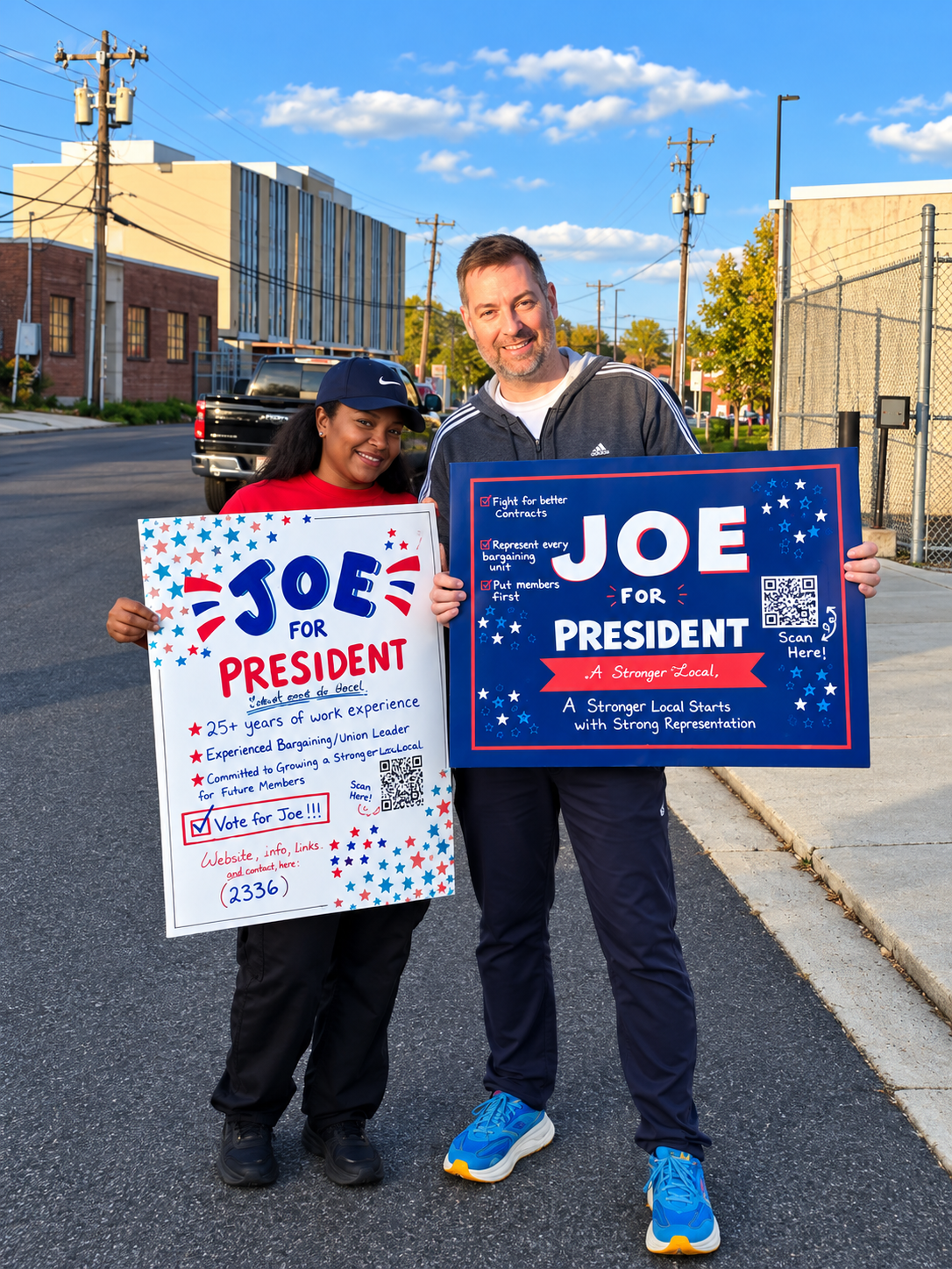 Two campaign supporters holding handmade Joe for President signs on a neighborhood street.